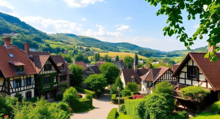 Un village pittoresque en Moselle avec maisons à colombages.