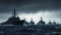 Flotte navale sous un ciel menaçant et vagues agitées.