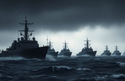 Flotte navale sous un ciel menaçant et vagues agitées.