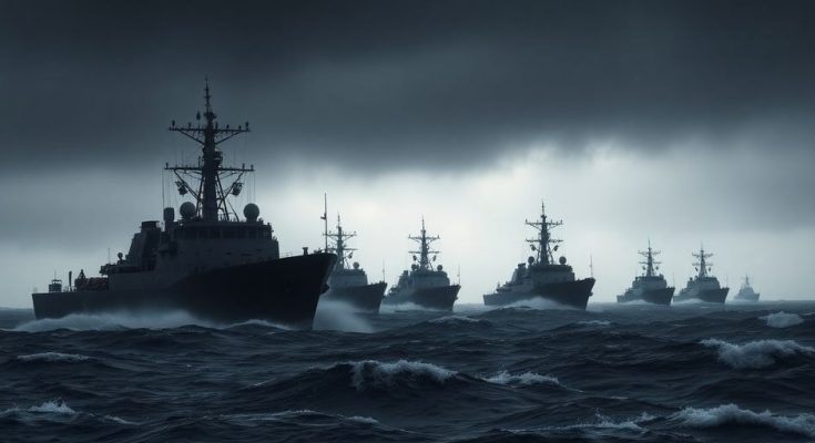 Flotte navale sous un ciel menaçant et vagues agitées.
