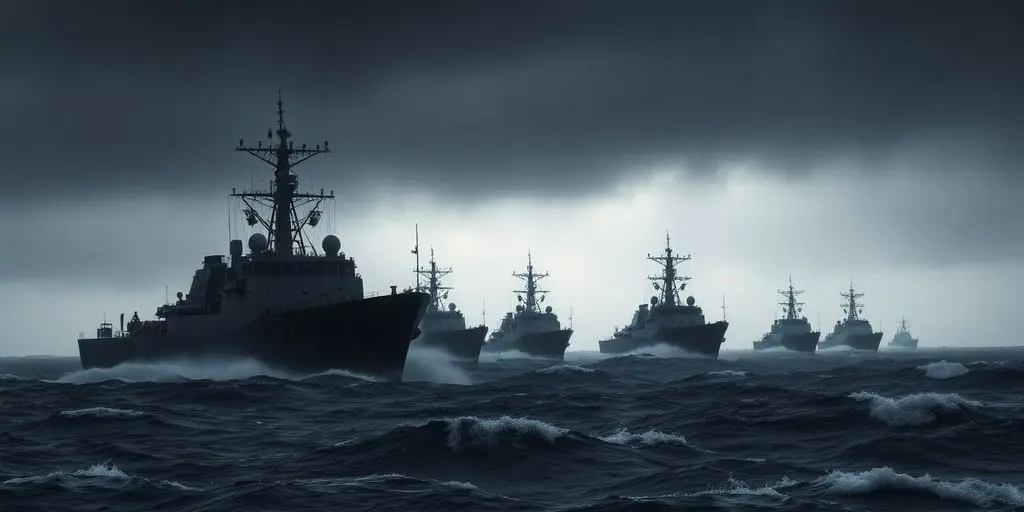 Flotte navale sous un ciel menaçant et vagues agitées.