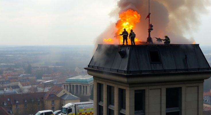 Pompiers combattent un incendie au sommet de la tour.
