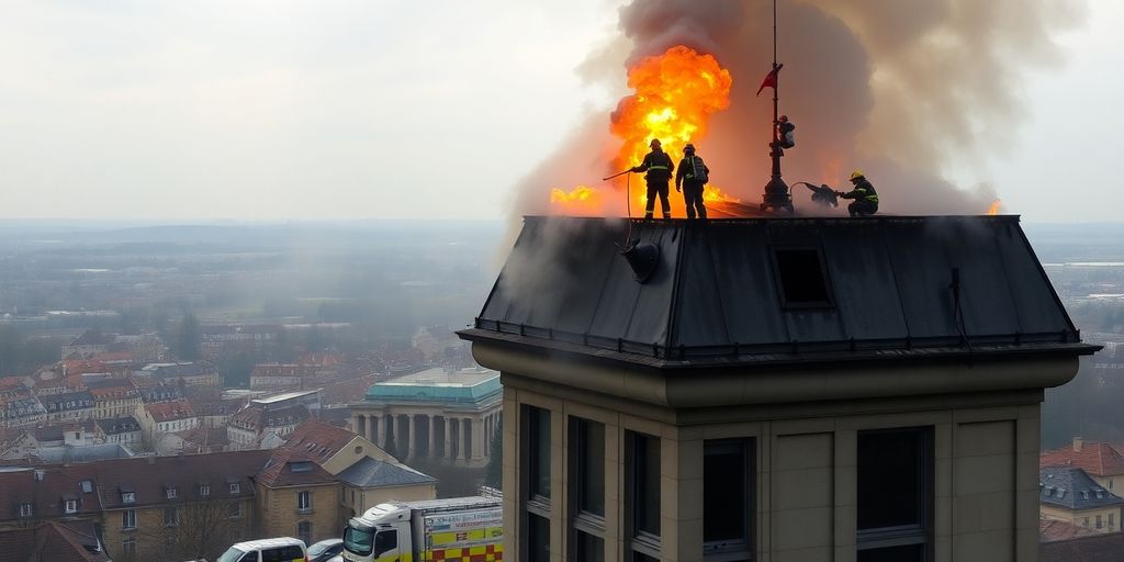 Pompiers combattent un incendie au sommet de la tour.