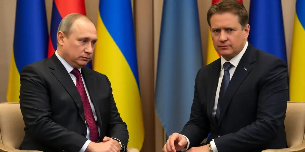 Rencontre entre Poutine et Zelensky sur fond de drapeaux.