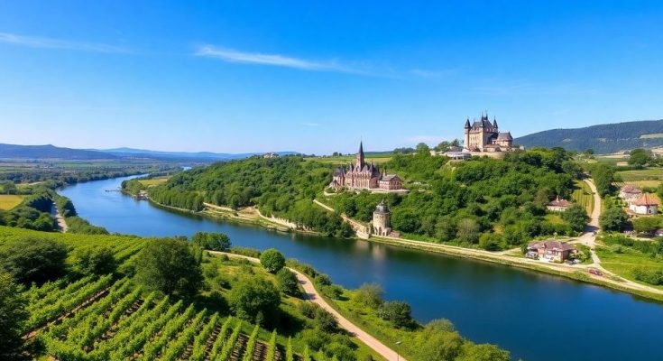 Paysage pittoresque de la Moselle avec vignobles et châteaux.