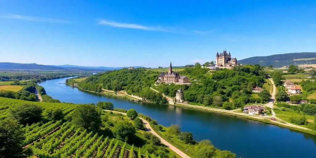 Paysage pittoresque de la Moselle avec vignobles et châteaux.