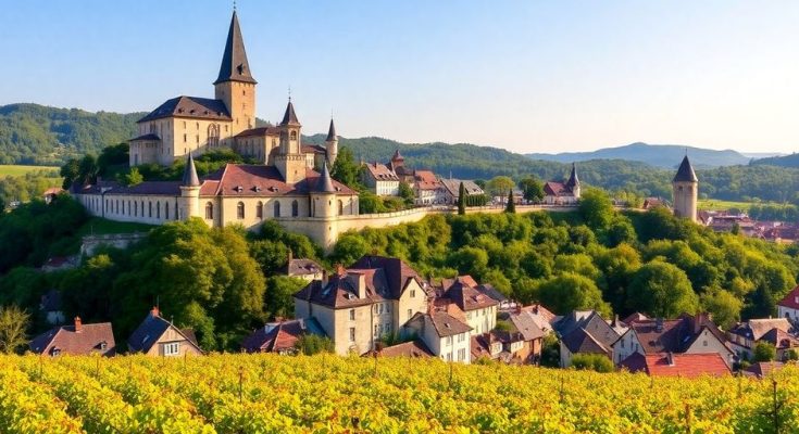 Paysage pittoresque du Bas-Rhin avec villages et châteaux.
