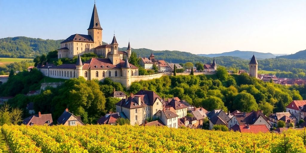 Paysage pittoresque du Bas-Rhin avec villages et châteaux.