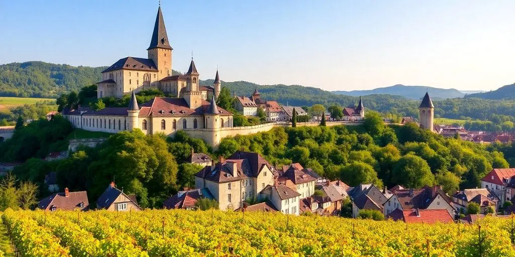 Paysage pittoresque du Bas-Rhin avec villages et châteaux.