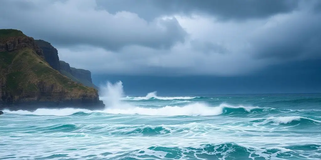 Mer agitée et nuages sombres au large de l'Argentine.