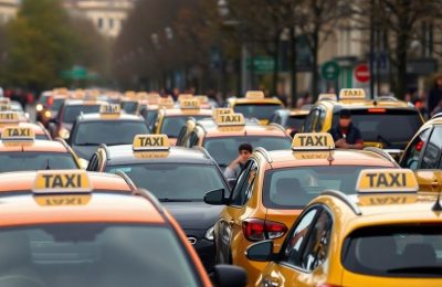 Taxis en grève provoquant des embouteillages en France.