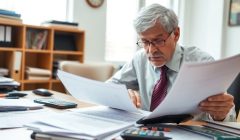 Retraité préoccupé par des documents de pension sur un bureau.