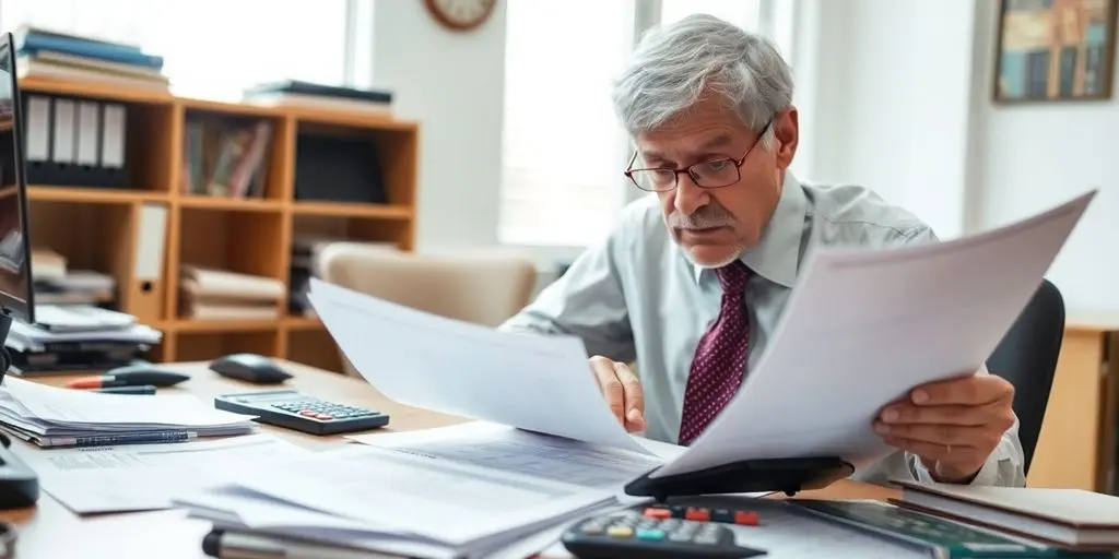 Retraité préoccupé par des documents de pension sur un bureau.