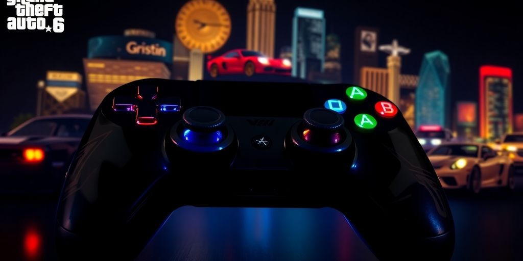 Contrôleur de jeu avec éléments de GTA en arrière-plan.
