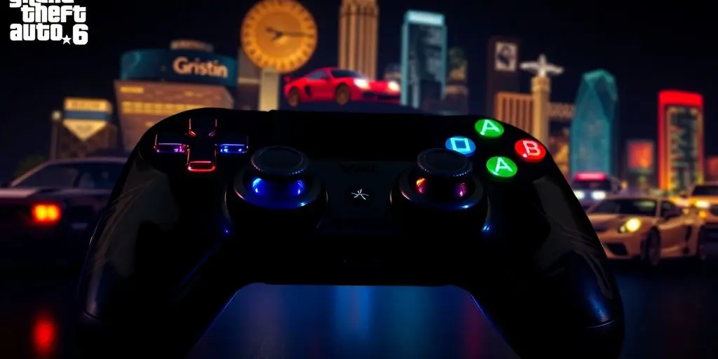Contrôleur de jeu avec éléments de GTA en arrière-plan.