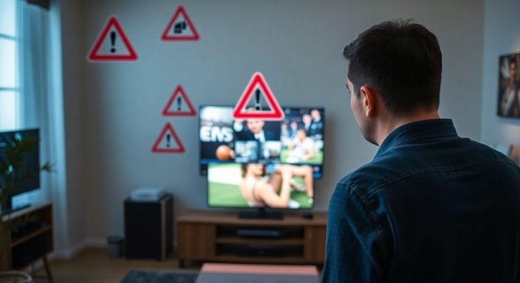 Person inquiet devant un téléviseur affichant du contenu IPTV.