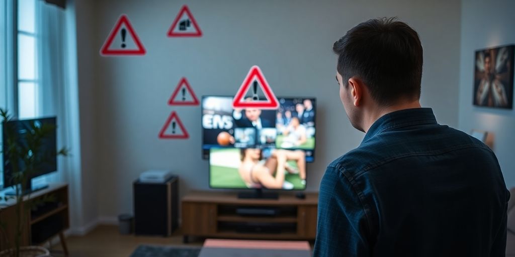 Person inquiet devant un téléviseur affichant du contenu IPTV.