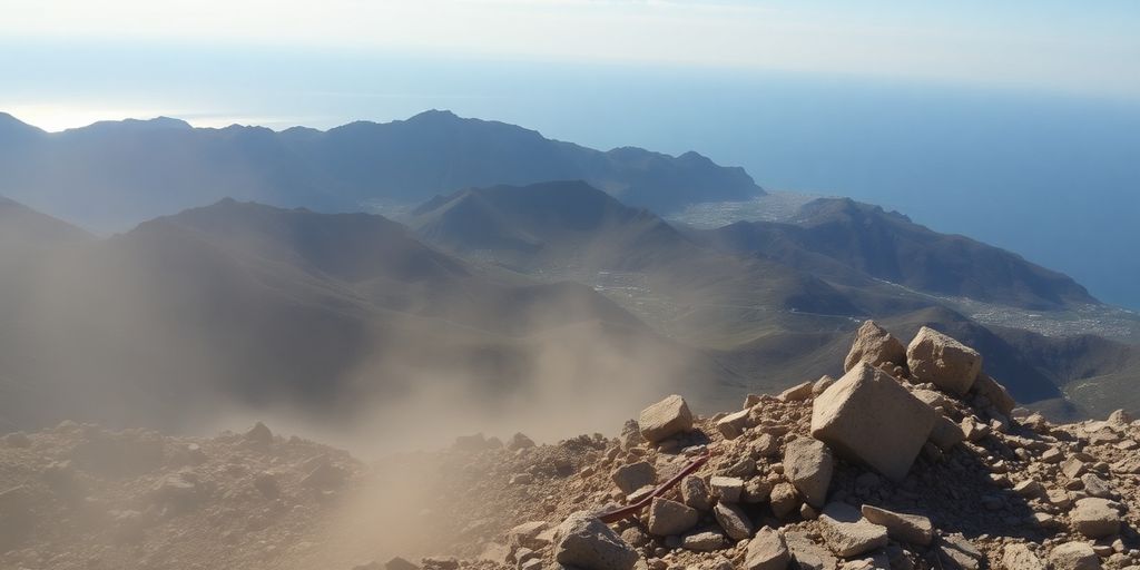 Séisme en Crète, paysage montagneux avec débris visibles.
