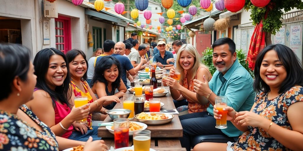 Groupe de voisins réunis, partageant un moment convivial.