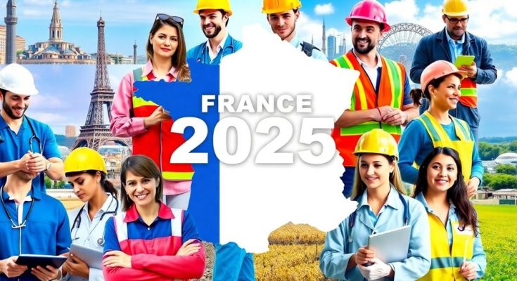 Divers métiers en France pour 2025, travailleurs en action.