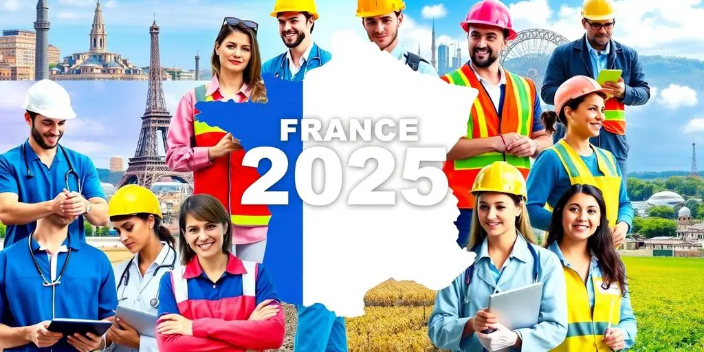 Divers métiers en France pour 2025, travailleurs en action.