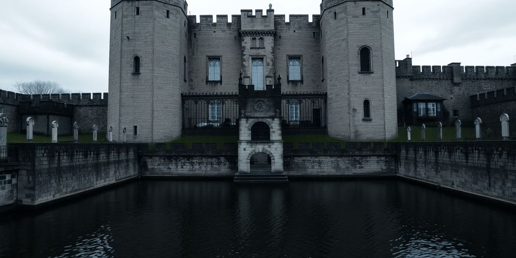 Château avec des douves et de l'eau sombre
