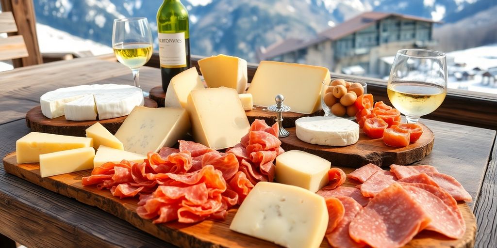 Assortiment de fromages et charcuteries sur planche en bois
