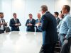 Hommes d'affaires discutant autour d'une table de conférence.