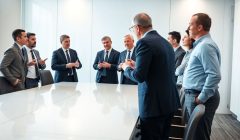 Hommes d'affaires discutant autour d'une table de conférence.