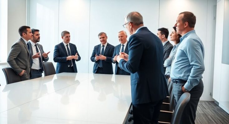 Hommes d'affaires discutant autour d'une table de conférence.