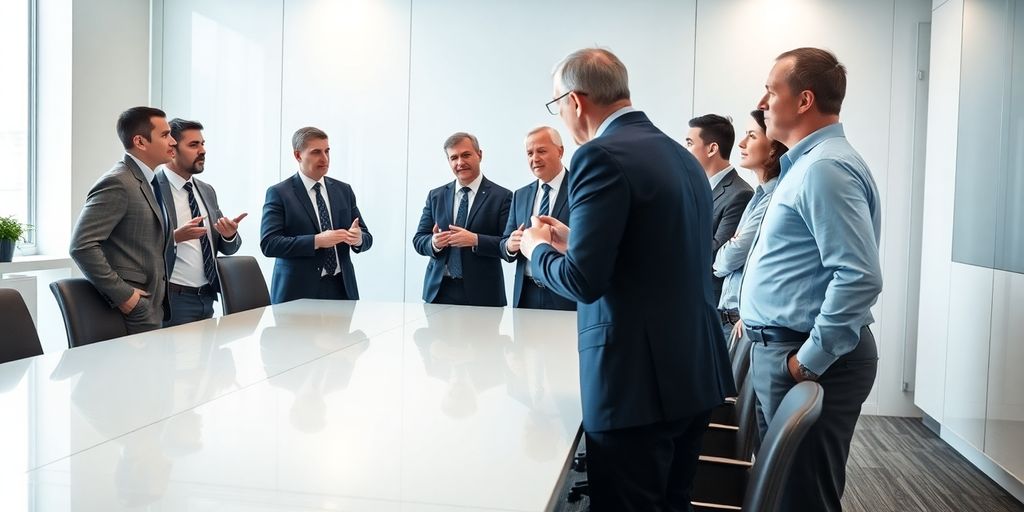 Hommes d'affaires discutant autour d'une table de conférence.