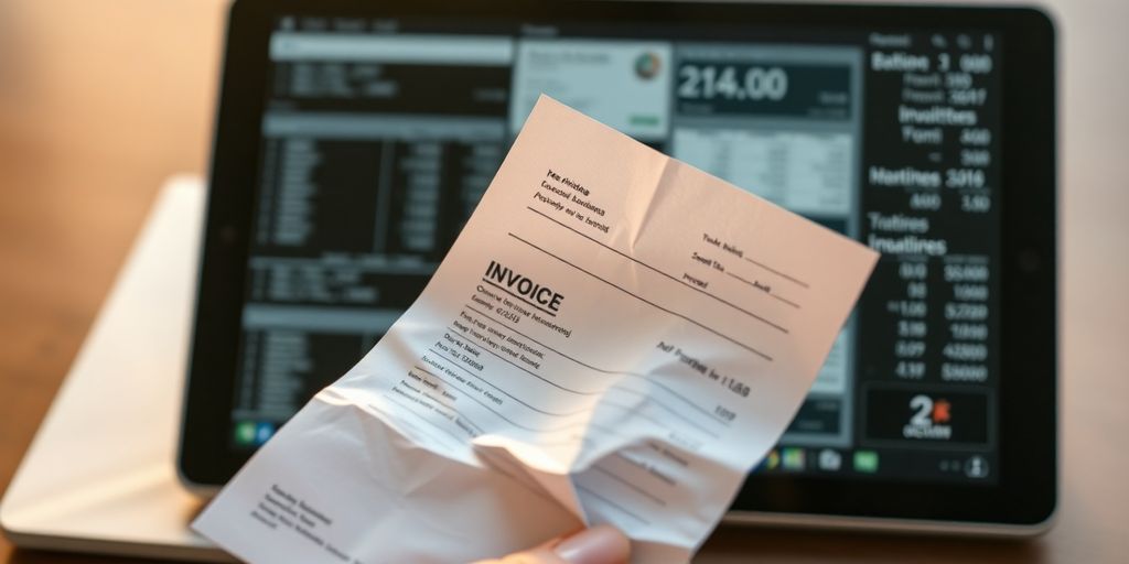 Auto-entrepreneur perplexe devant des factures numériques complexes.