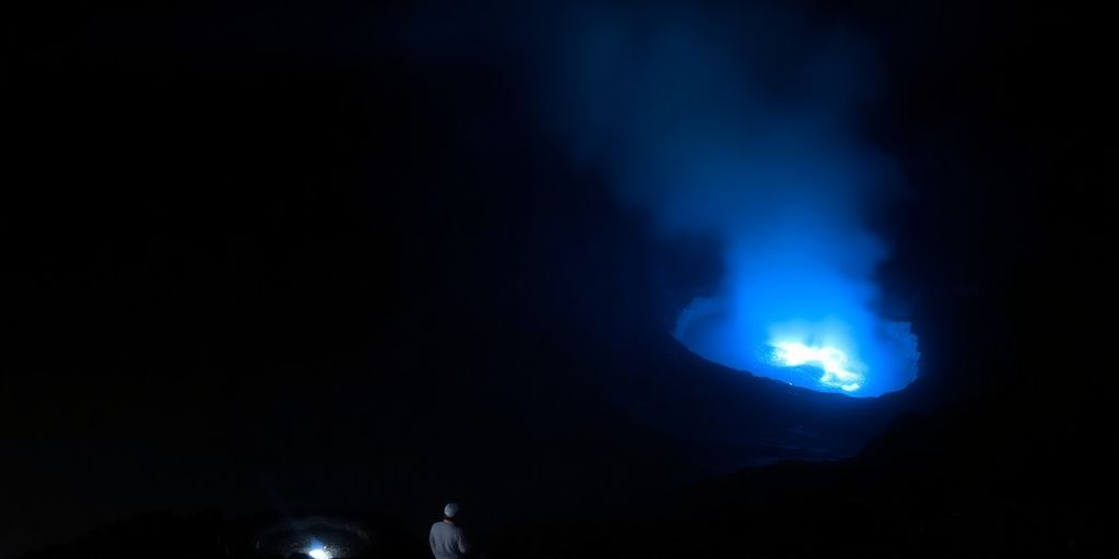 Volcan Kawah Ijen, cratère bleu, soufre, nuit