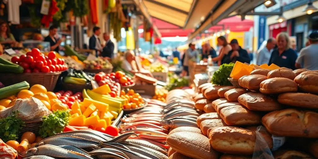 Plats girondins colorés, ambiance conviviale, marché animé.