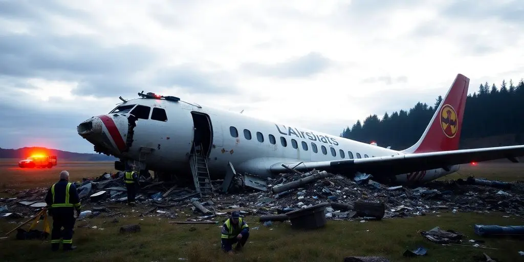 Épave d'avion avec des débris dispersés et les secours