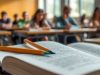 Tableau, stylos, livres scolaires, lycéens concentrés