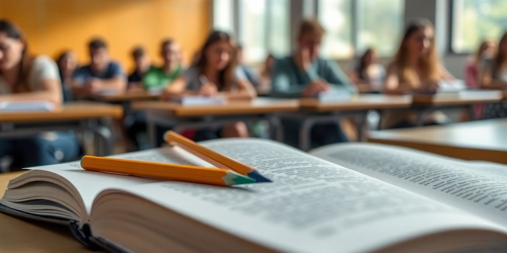 Tableau, stylos, livres scolaires, lycéens concentrés