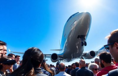 Avion décollant au-dessus d'une foule au Bourget.