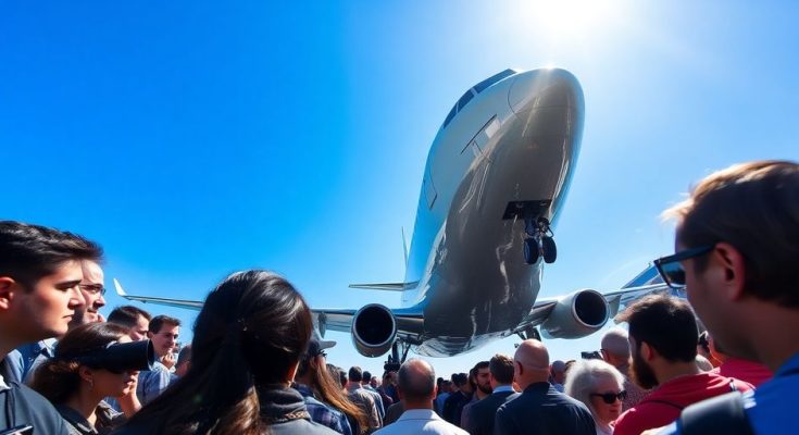 Avion décollant au-dessus d'une foule au Bourget.