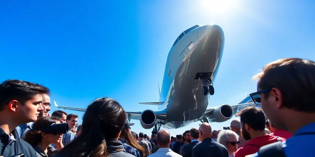 Avion décollant au-dessus d'une foule au Bourget.