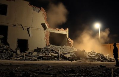 Bâtiment endommagé après un tremblement de terre au Pérou.