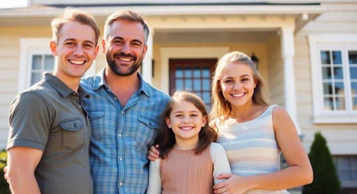 Famille heureuse devant leur maison rénovée et isolée