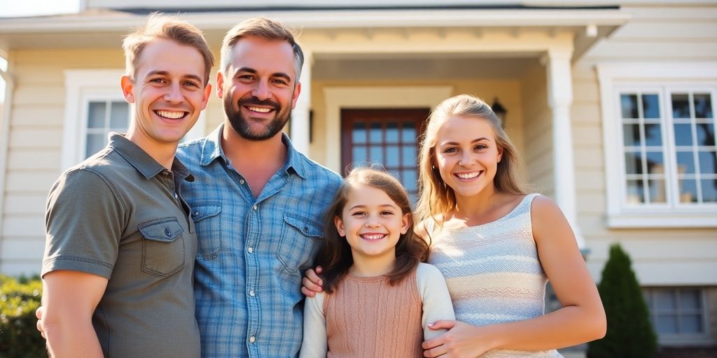 Famille heureuse devant leur maison rénovée et isolée