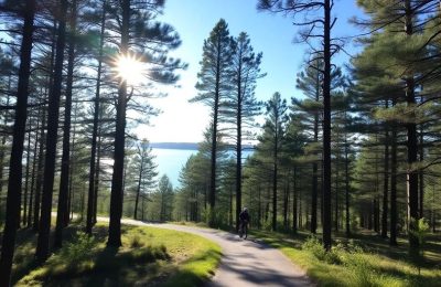 Forêt des Landes, cycliste, lac, sable, soleil