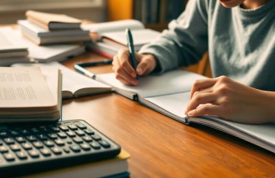 Livre ouvert, règle, crayon, calculatrice sur bureau en bois.