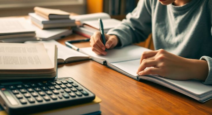 Livre ouvert, règle, crayon, calculatrice sur bureau en bois.
