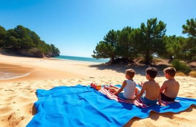 Famille décontractée sur plage ensoleillée de Gironde.