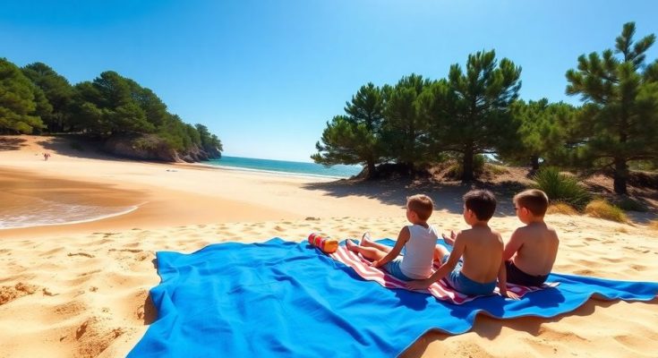 Famille décontractée sur plage ensoleillée de Gironde.