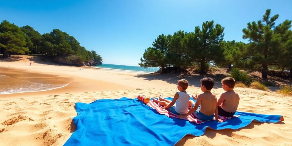 Famille décontractée sur plage ensoleillée de Gironde.