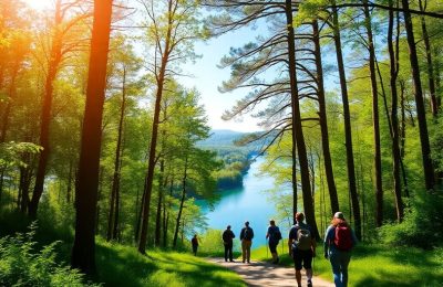 Randonneurs dans une forêt luxuriante au bord d'une rivière de Gironde.